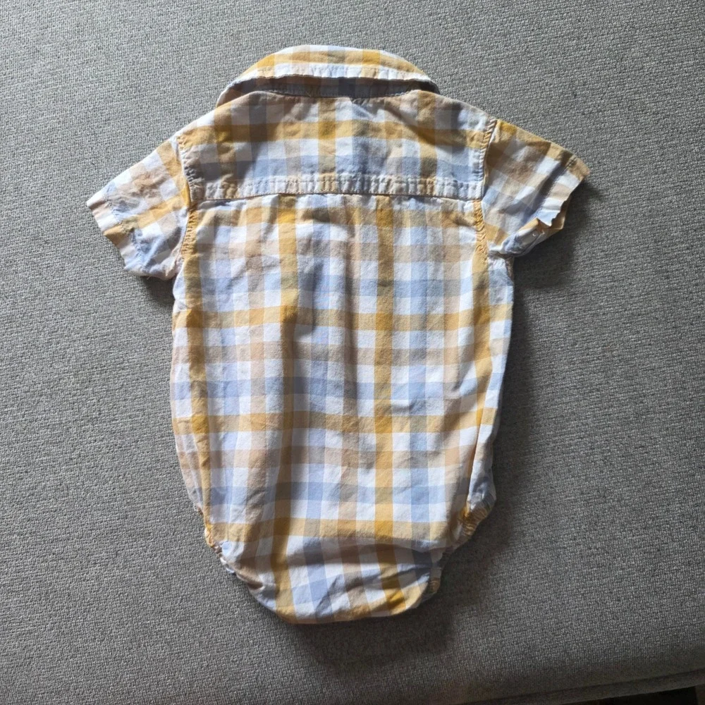 Carters Baby Boy 6M Yellow Blue Gingham‎ Plaid Button Down Bodysuit Romper Shirt